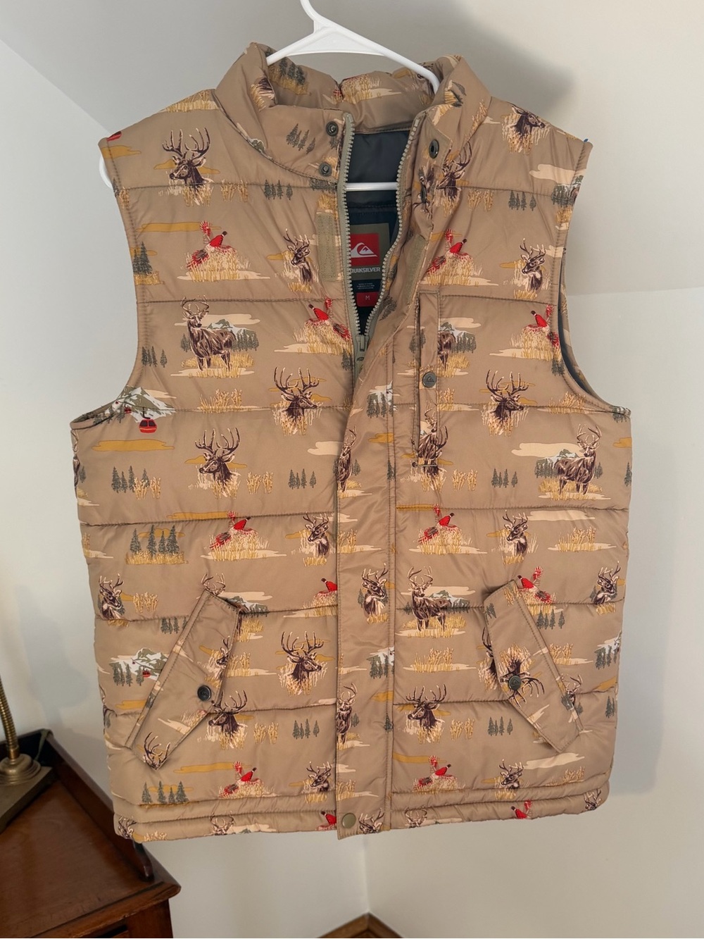 Quiksilver Tan Printed Puffer Vest with Red Logo Accents